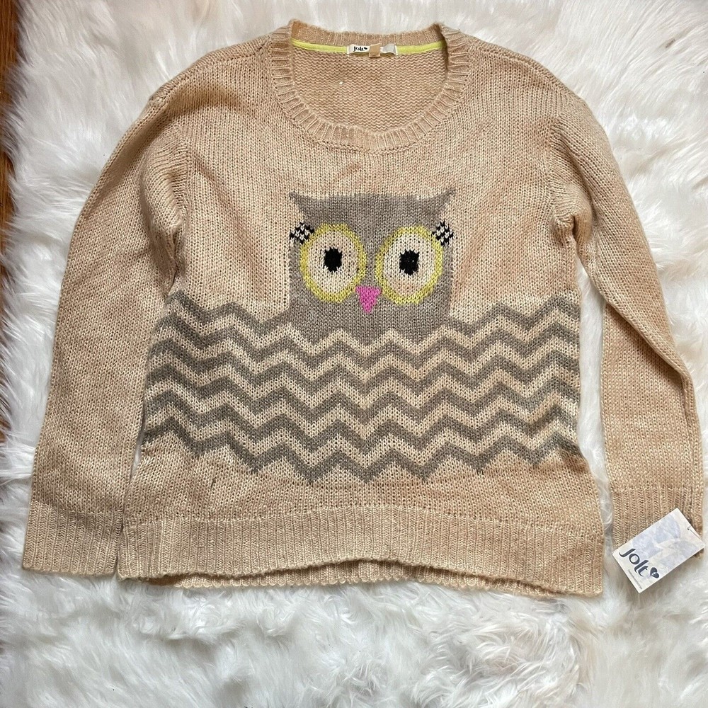 Jolt Pullover Long Sleeve Knitted Rewind Owl Sweater Beige Size Large NWT